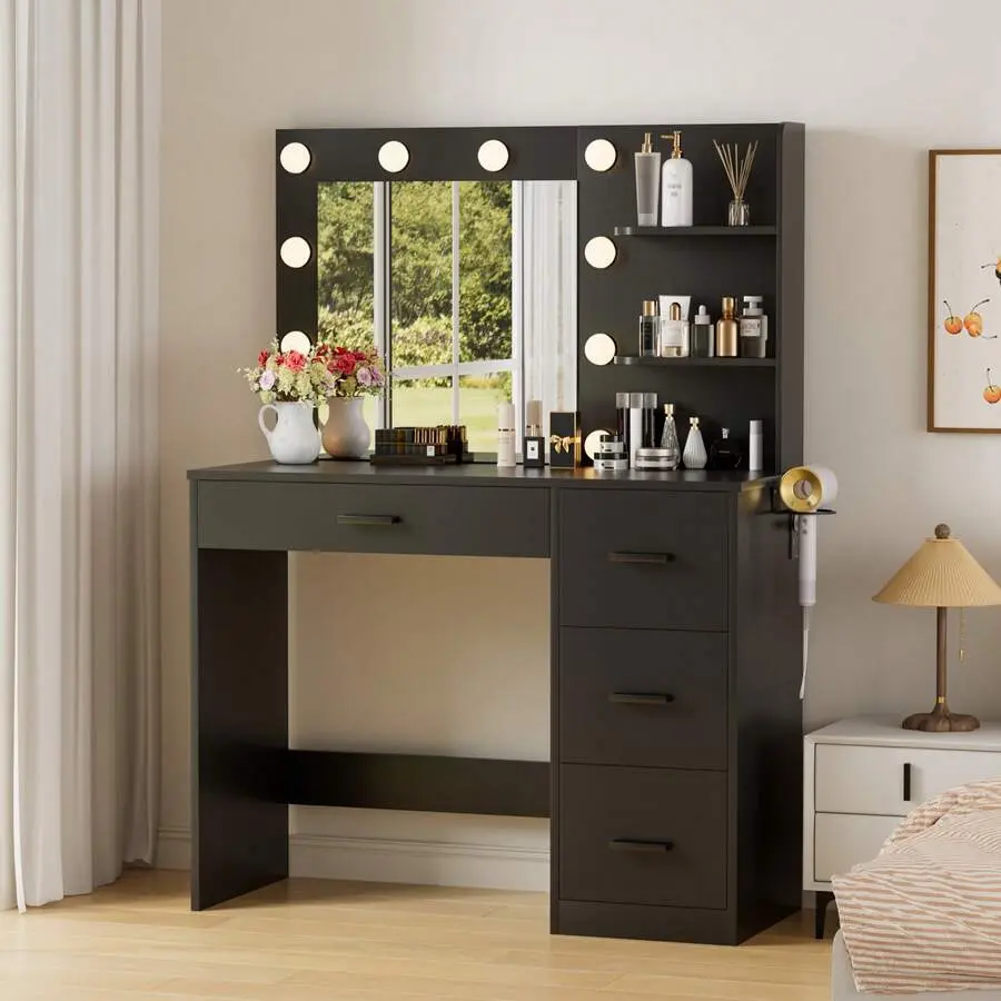 Stable MDF Adjustable LED Makeup Vanity Desk with 10-Light Mirror, Power Outlet, 3 Color Modes, 4 Drawers, Requires Assembly for Bedroom