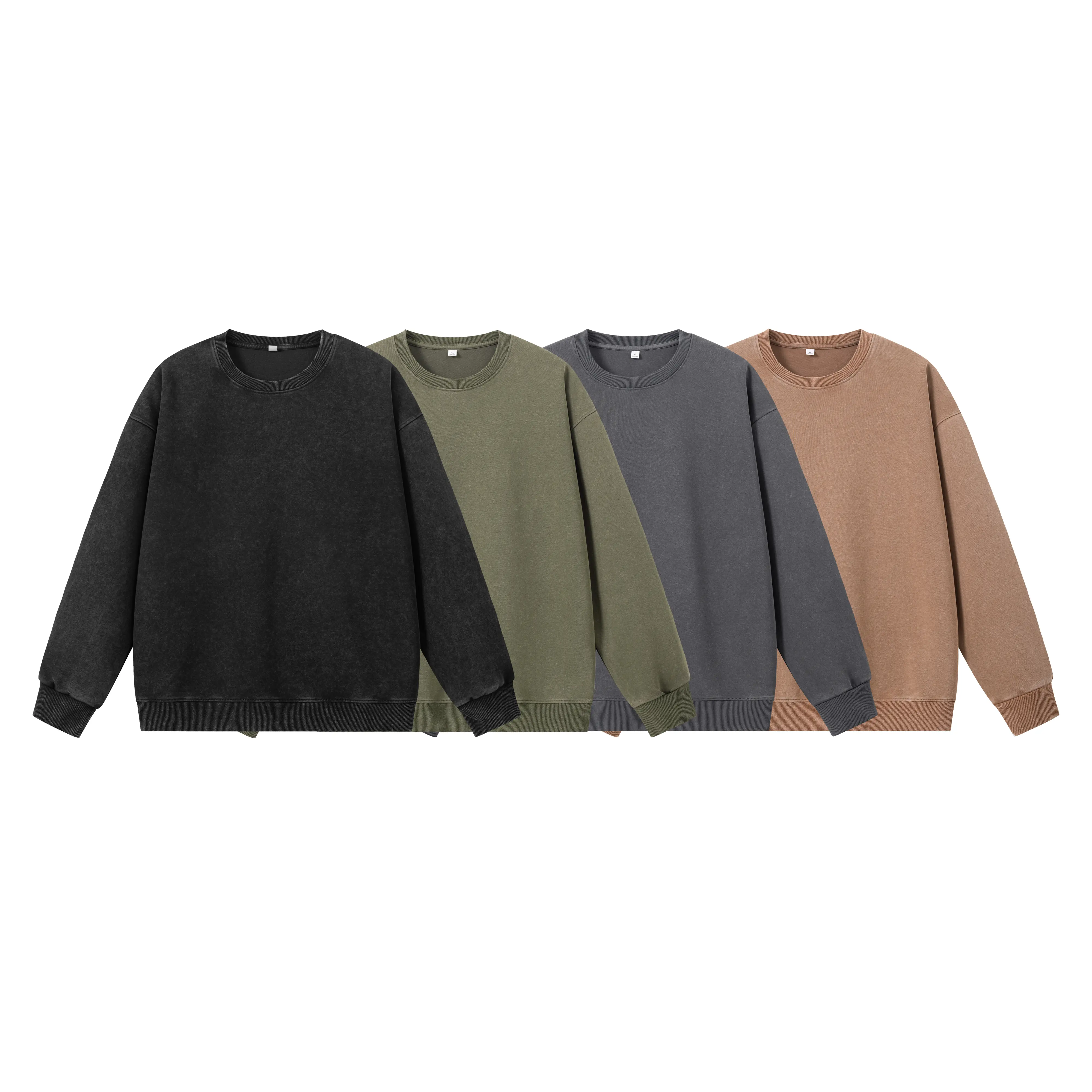 Men's Plain Washed Solid Color Crew Neck Pullover Sweatshirt - Menswear Tops, Baggy Drop-Shoulder Cut, Breathable Sweat-Wicking Fabric, American Vintage Distressed Look, Long Sleeves, Loose