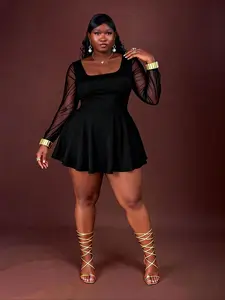 Plus Size Women's Solid Color Mesh Patchwork Jumpsuit, Fall Spring Fashion, Long Sleeve, Fit, Commuter, Date, Party, Wedding Guest