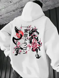 Men's Casual Loose-Fit Hooded Sweatshirt with Floral Dragon Print Graphic Hoodies, Thick Fleece Pullover for Fall & Winter Outdoor Wear, Heavyweight Streetwear Sweatshirts