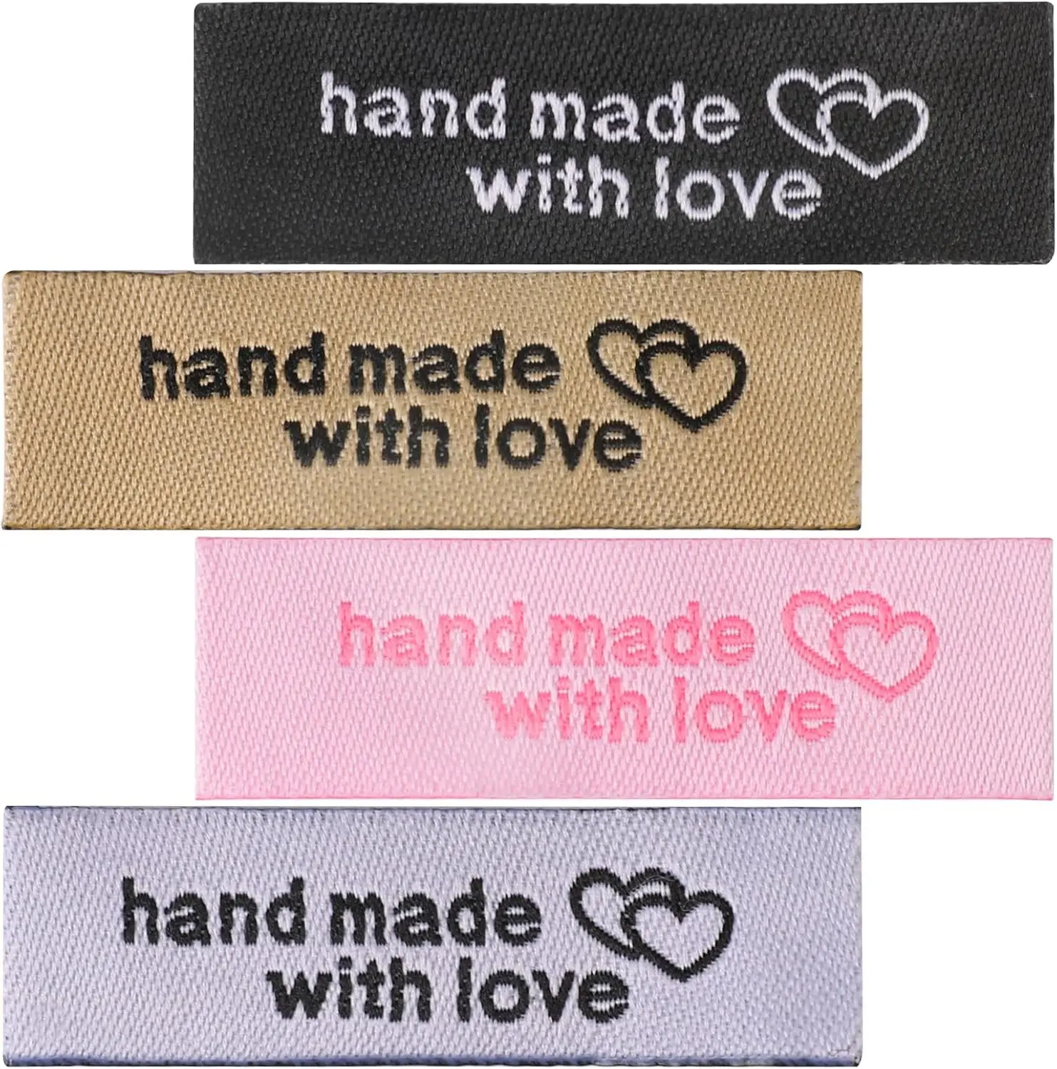 120PCS Personalized Sewing Labels for Handmade Items Hand Made with Love Sewing Labels Cloth Tags Quilt Labels Personalized Sew on Clothing Labels White, Black, Brown, Pink