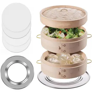 Bamboo Steamer 10-Inch 2-Tier Bamboo Steamer Basket Set with 4 Reusable Silicone Liners - Perfect for Healthy Cooking of Dumplings, Bao Buns, Vegetables, and Rice