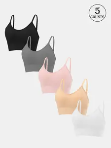 5-Piece Set Solid Color Sexy Women's Lingerie Bras, Wireless with Removable Pads, Adjustable Straps, Supportive and Shaping, Gathered Design, Suitable for Daily Commuting, Casual Wear, Sports, Yoga, and Fitness, High-Quality Women's Bras, Underwear
