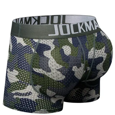 Men's Camo Print Low Waist Detatchable Padded Boxer Brief, Casual Breathable Underwear For Daily Wear, Comfy Underwear For Men, Men's Underwear For All Seasons, Camouflage Menswear, Undergarments, Stretchy Boxer Briefs, Casual Style Underwear