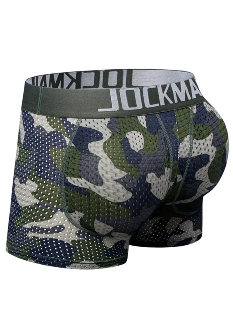 Men's Camo Print Low Waist Detatchable Padded Boxer Brief, Casual Breathable Underwear For Daily Wear, Comfy Underwear For Men, Men's Underwear For All Seasons, Camouflage Menswear, Undergarments