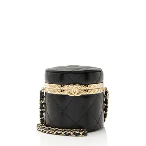 Pre-owned CHANEL Lambskin Crossbody Bags Lock Frame Round Mini Vanity Case with Chain