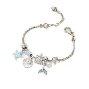 Mermaid Tail&Starfish Ocean Charm Bracelet, Silver Plated Snake Chain with Blue Crystal Beads, Summer Beach Jewelry
