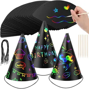 108 Pcs Scratch Party Hats DIY Birthday Art Cone Hats Scratch Hats Colorful Party Craft Paper Hat Decorating Supplies