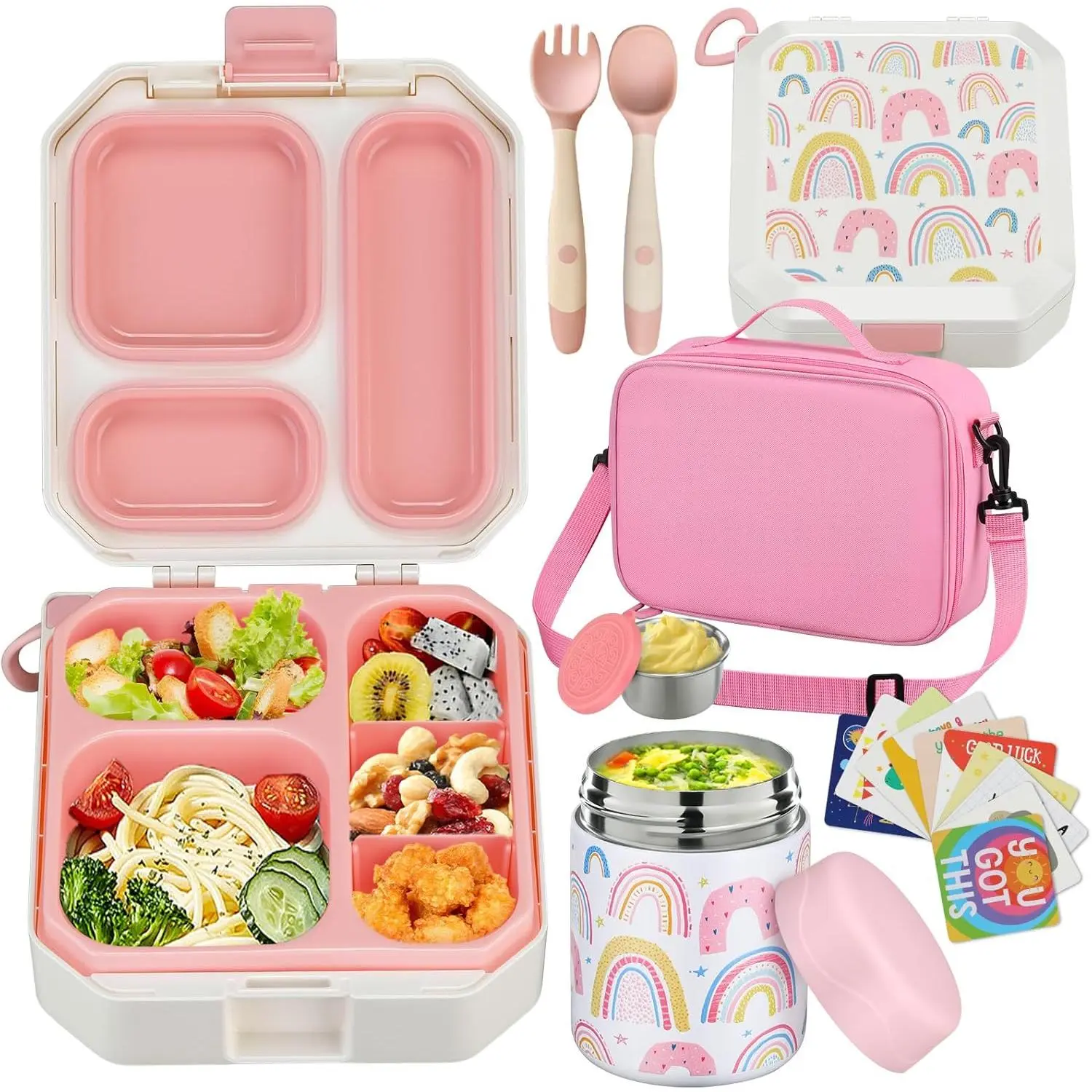 Kids' Bento Lunch Box Set, 12oz Leak-Proof Soup Thermos Canister, 5-Compartment Insulated Hot Food Jar, Meal Prep Containers & Lunch Bag for School, Sports & Outdoor Camping Tent Accessories Compatible