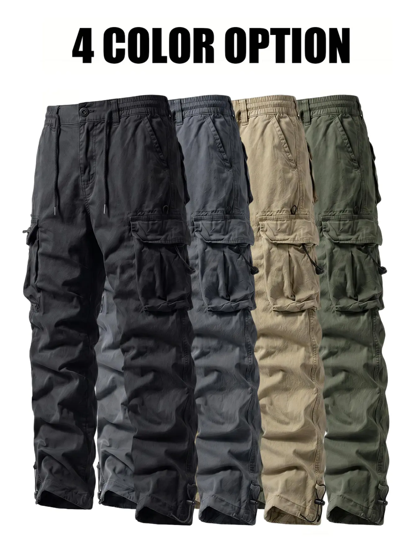 Vintage washed pure cotton multi-pocket tactical cargo pants, button closure, half elastic waistband, charcoal black, tapered straight leg, everyday casual cargo long pants