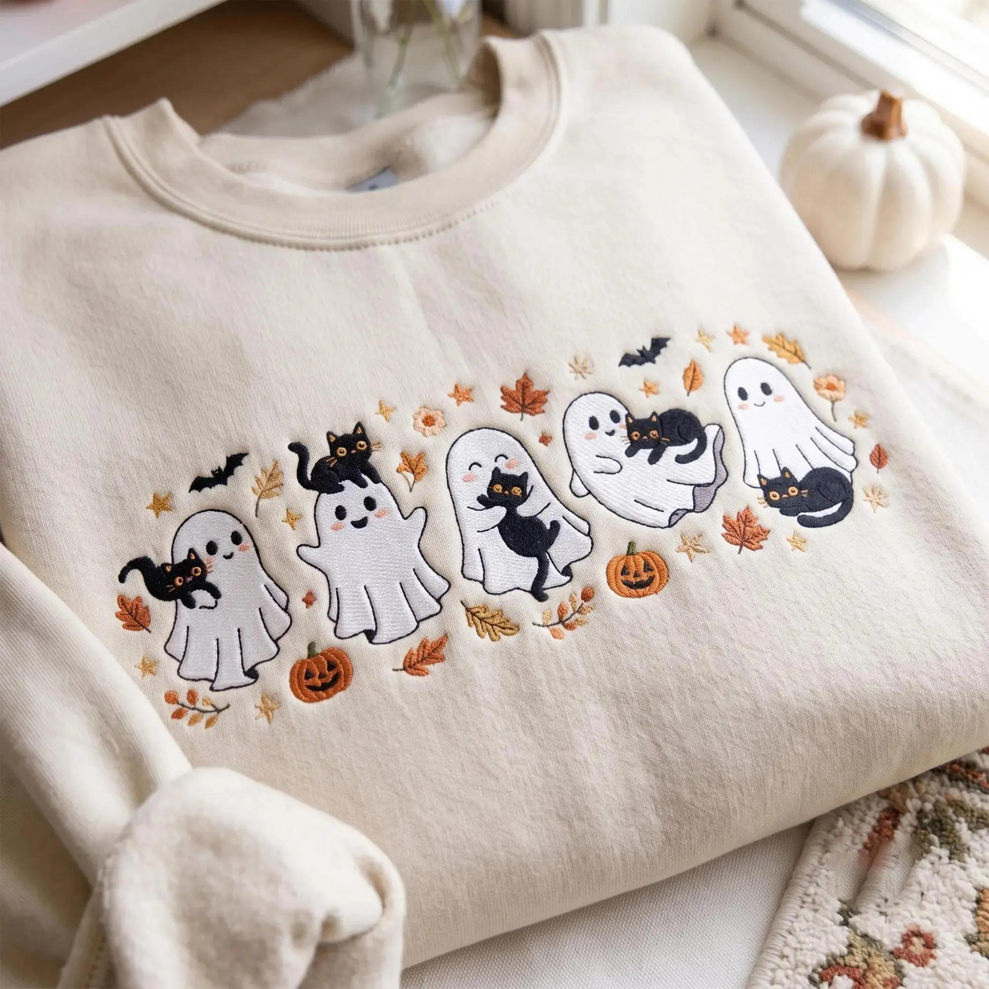 Embroidered Ghost Cat Sweatshirt, Cute Black Cat Ghost Halloween Tee, Cat Lover Gift, Coffee Cats & Creepy Vibes Shirt, Spooky Season Gift