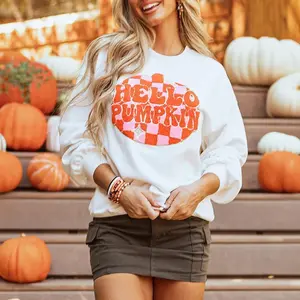 NewWomen's White Terry Halloween Pumpkin Patched Pattern Pullover Sweatshirt