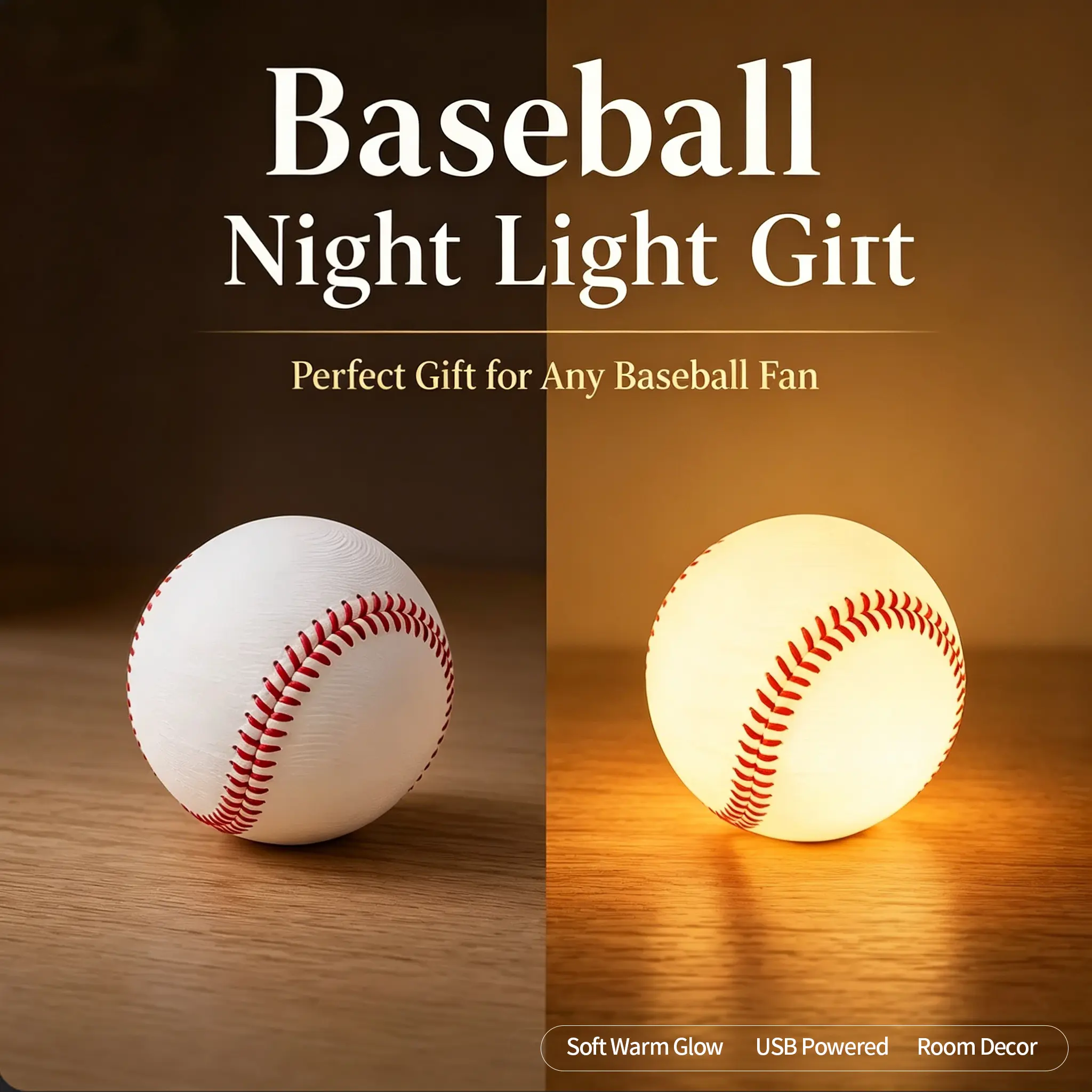 Baseball-shaped LED night light, magnetic base, touch operation, USB powered, sports ambient lighting, baseball fan gift, boy's bedroom decoration.