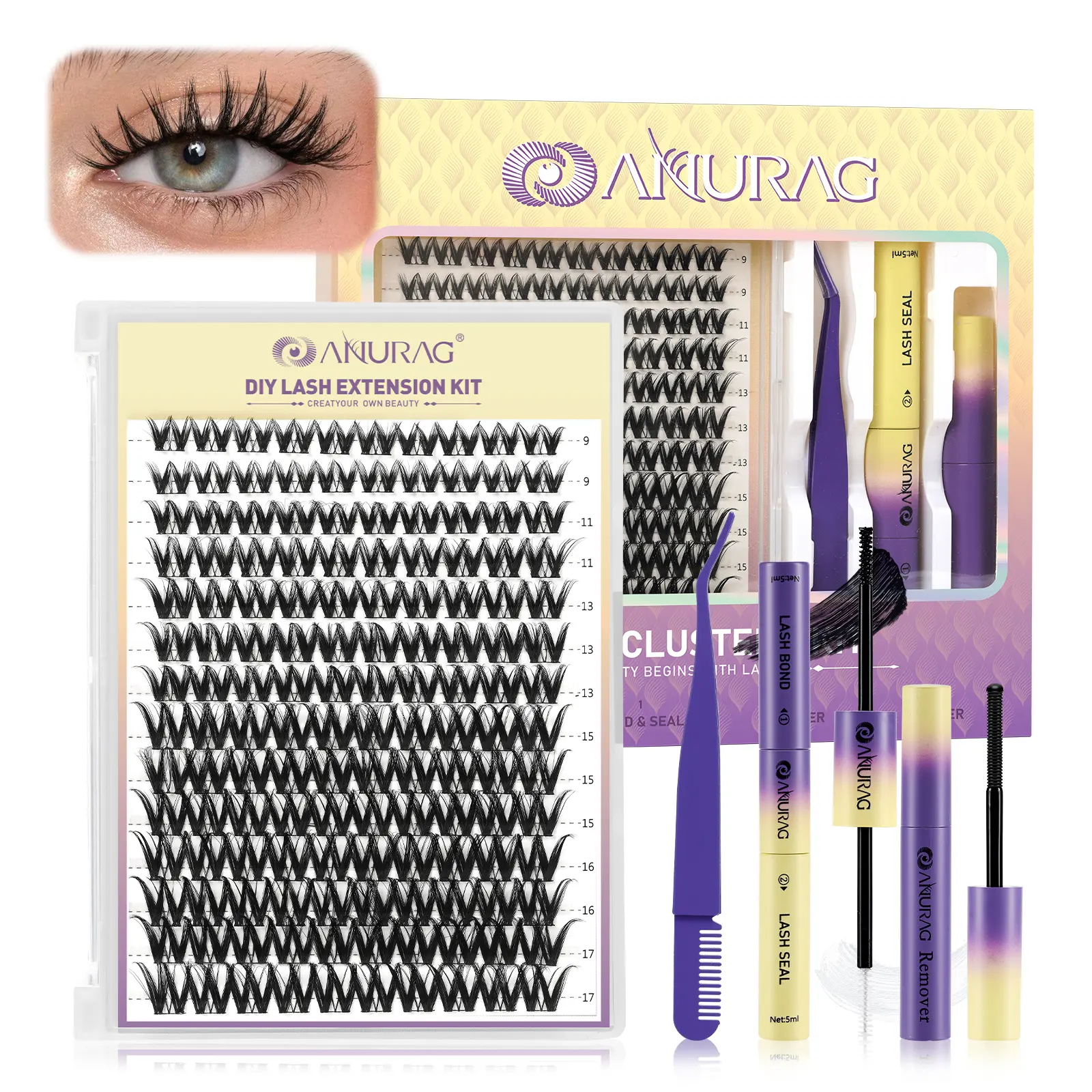 Cluster Lashes Kit, DIY Lash Extension Kit with Mixed Length Individual Lash Clusters, Bond and Seal, Remover and Tweezers, Natural Wispy Eyelashes for Beginners