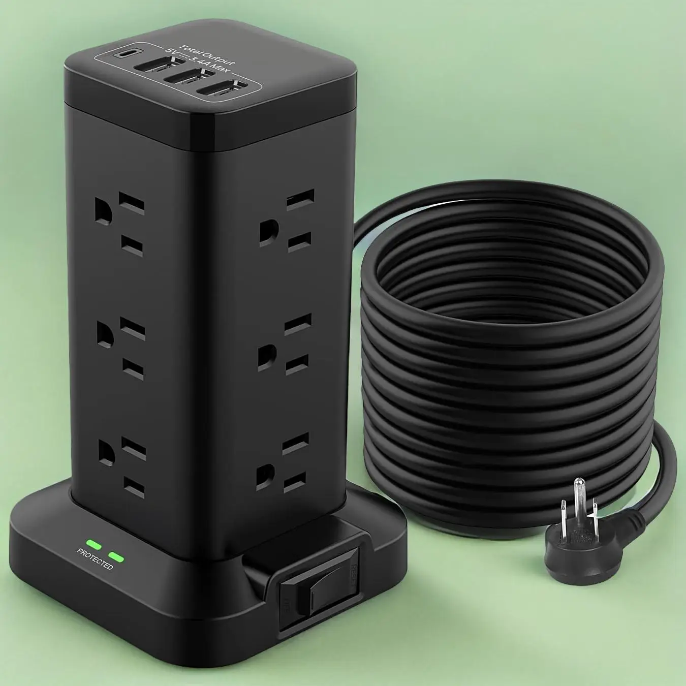 Power Strip Tower with 5.9ft Extension Cord, 12 AC & 3 USB A Ports & 1 USB C Port Surge Protector Power Strip, Space-saving Home Socket, Office Suppli