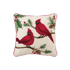 212 MAIN Winterberry Cardinals Wool Cotton Needlepoint Pillow, 14x14 in, Peking Handicraft Home Decor Textiles & Soft Furnishings Bedding & Linens Accessory