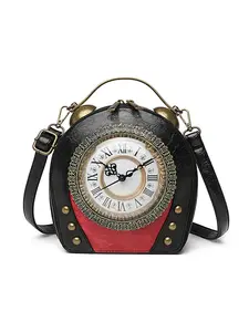 Vintage Clock Design Tote Bag, 2025 New Style Faux Leather Bag, Classic Retro Style Handbag, with Adjustable Strap, Zipper Closure Bag, Classic Shoulder Bag