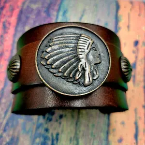 Native American Western Style Faux  Leather Cuff Bracelet with Adjustable Fit, Dark Brown Leather, Unique Design