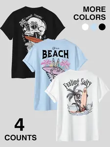 Skull Surf Graphic Tees | Beach Vibes & Y2K Grunge Print Shirts | Trendy Double-Sided Design Fitted Tops | Versatile Everyday Outfits