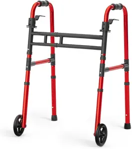 Folding Walkers for Seniors Lightweight Walker with 5'' Front Wheel Height and Width Adjustable  Standard Walker for  Handicap (Red)