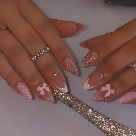 Women's Almond French Tip Press-on Nails Beauty Products - Medium Reusable False Nails with 3D Bow, Diamond Glitter Designs, Glossy Finish, Glue Tabs - 24Pcs Manicure Kit