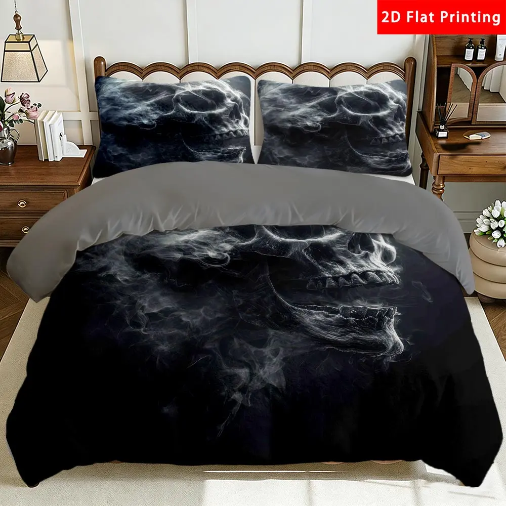 2/3 Pcs 2D Flat Skull with Smoke Pattern Milk Velvet Duvet Cover Set Modern Stylish Bedding Set Quilt Cover 1 Duvet Cover + 1/2 Pillowcases Fashionable Top Sheet Decorative Bedding Bedroom Decor The Preferred Pick for Bedding