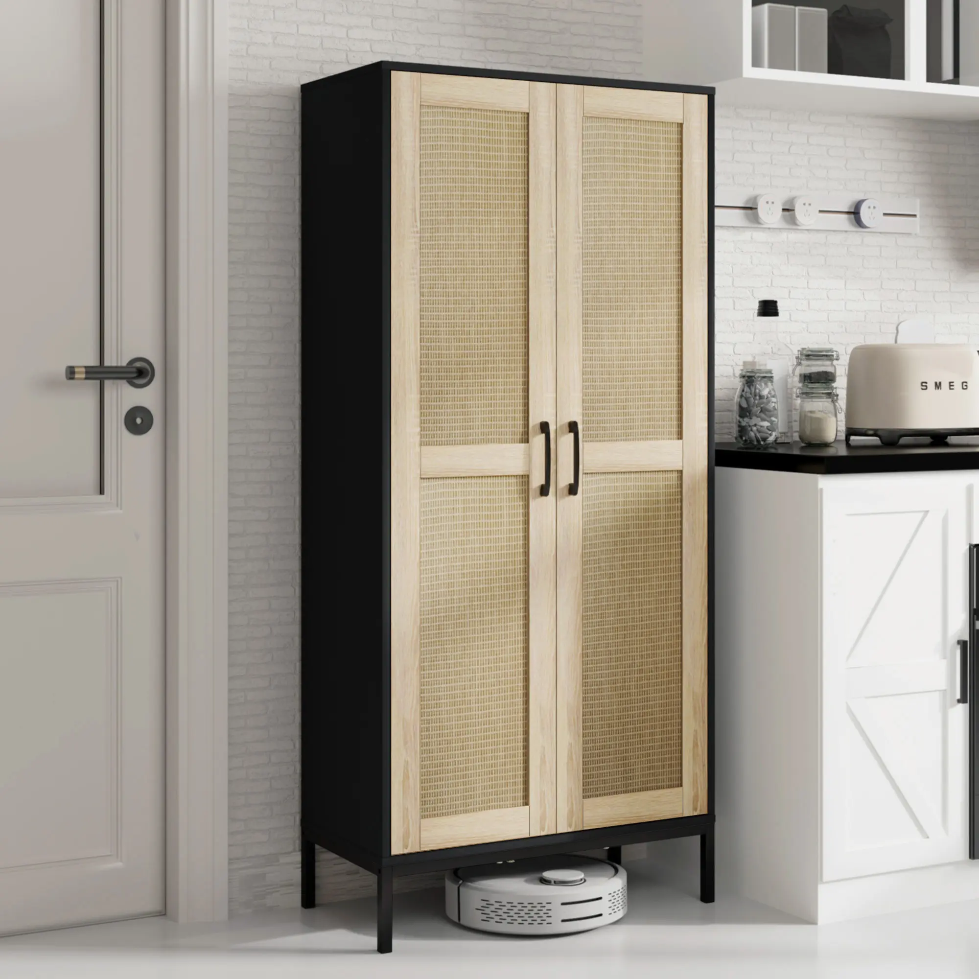 60" Tall Wood Farmhouse Rattan Chest - Freestanding Modern Storage Cupboard, 2 Doors, 3 Adjustable Shelves, 27.5in Width, 20-25kg Storage Furniture for Kitchen, Living Room