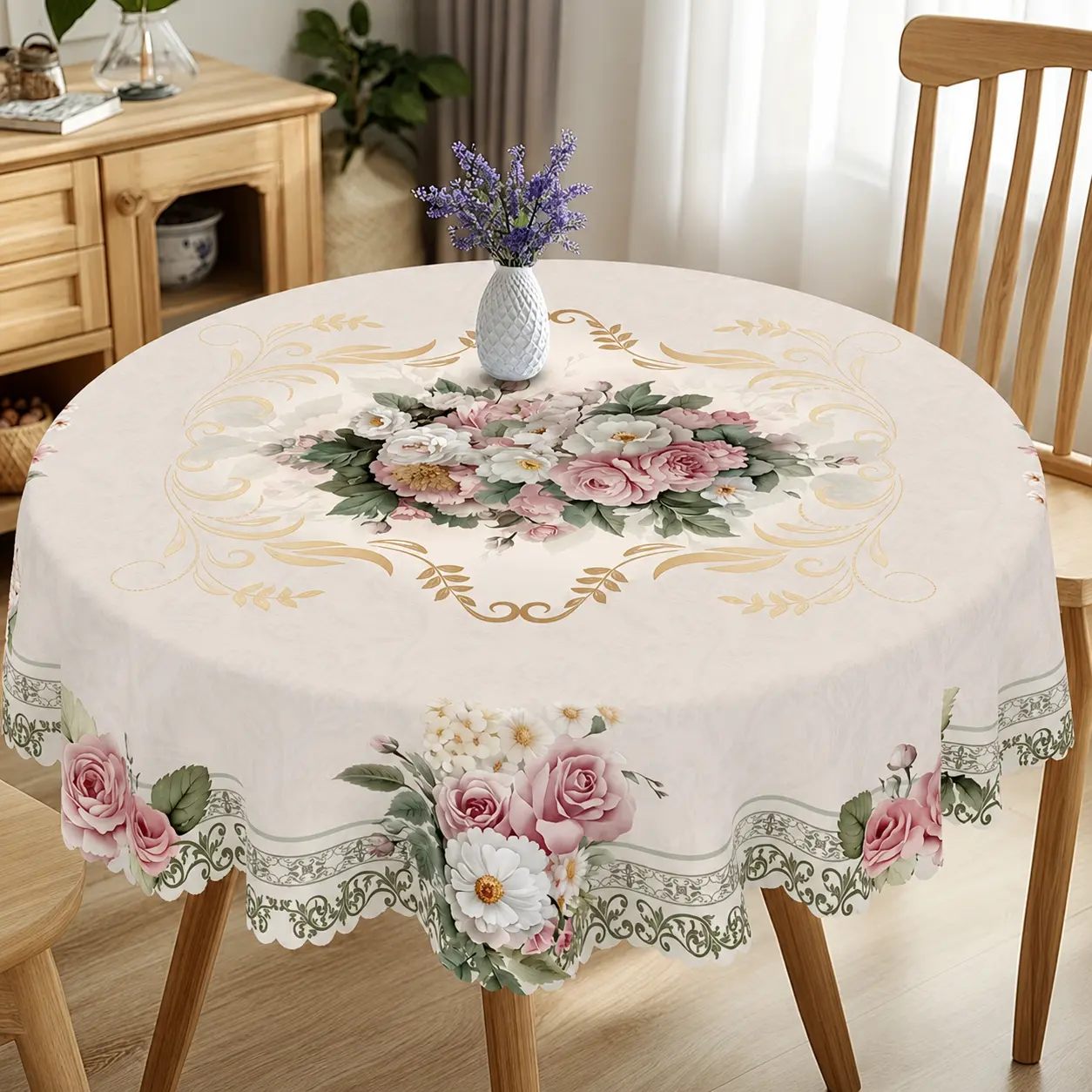 Vintage Floral Rose Lace Tablecloth - Embroidered Floral Print Table Cover for Dining, Tea Party, Wedding & Home Decor