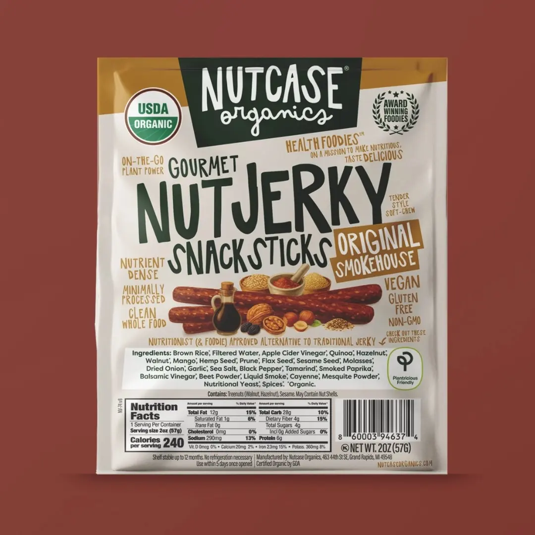Nutcase Organics Original Protein Nut Jerky Snack Sticks, 2oz Garlic-Onion-Balsamic Vinegar Flavor, Plant-Based Gluten-Free Snacks for Adults