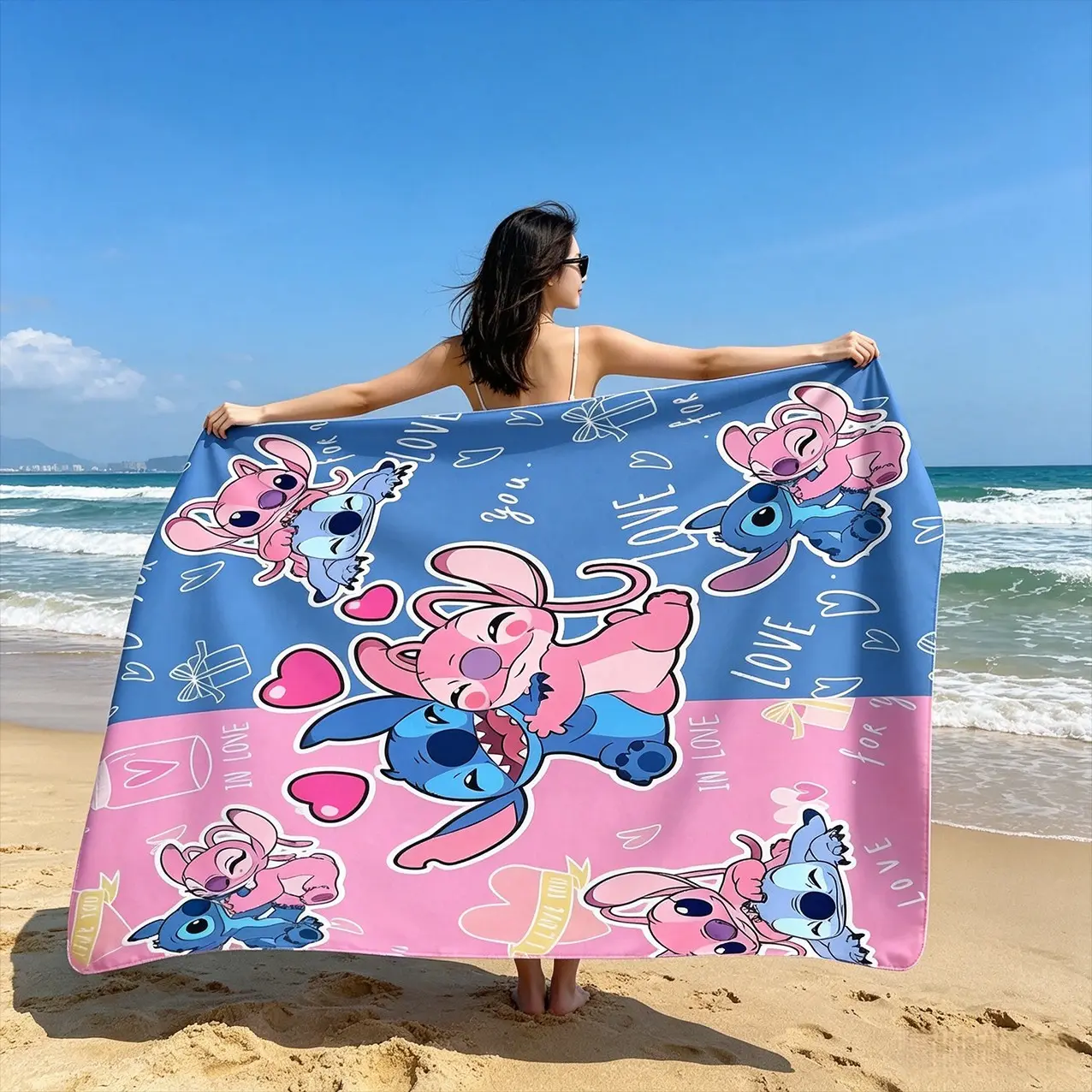 Stitch & Angie Couple Heart Beach Towel, Blue Color, Quick-Dry, Large Size, Pool Party, Beach Vacation, Summer Outdoor, Sandproof, Sunscreen, Quick Drying Towels