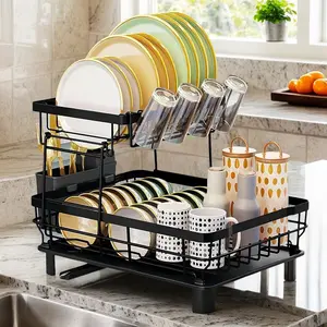 2 Tier Dish Drying Rack with DrainboardAdjustable Spout Utensil Holder and KnifeSlots,Space-saving,Suitable for kitchen countertops,Keeps countertops clean and tidy,Easyto install,Beautifully crafted,Rotatable drainagesystem,Disassembleable