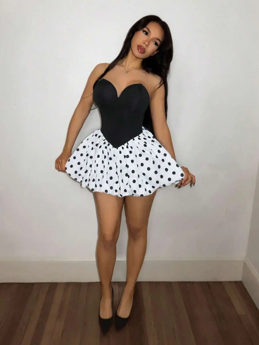 Vintage Chic Polka Dot Corset Mini Dress | Deep V Underwire Strapless Bubble Hem Short Dress for Women Summer Holiday, Party & Birthday Outfit