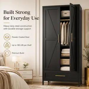 Aobabo 71" White Steel Freestanding Wardrobe Cabinet - 2 Drawers, Hanging Rod, Adjustable Shelf, Modern Anti-Tipping Heavy-Duty Armoire for Bedroom & Laundry Room Closet Organization