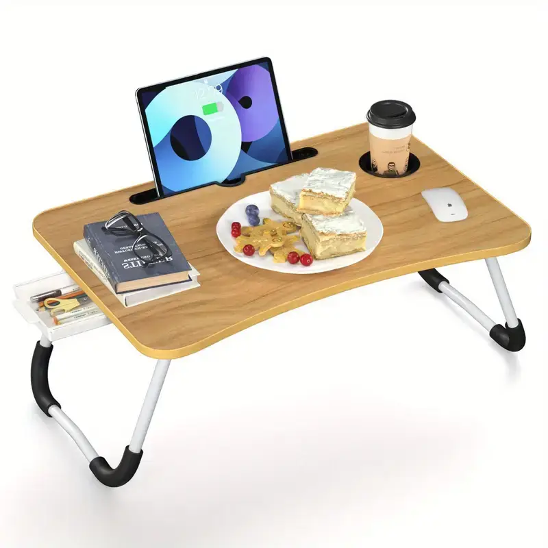 Versatile Foldable Lap Table with Tray, Cup Holder & Drawer - Portable Wooden Laptop Desk for Bed, Sofa, Reading & Writing, Adjustable Height for Comf