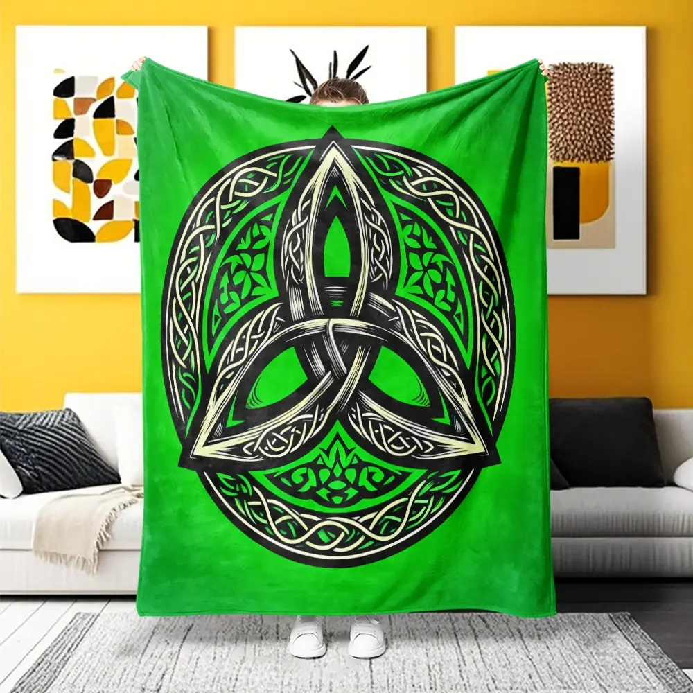 Irish Lucky Triquetra Flannel Blanket - Ultra-Soft Warm Throw. Vibrant green Celtic knot design, lightweight cozy for St. Patrick's Day gifting, all-season use.