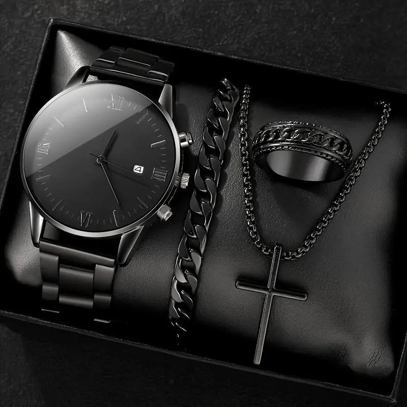 Men's 4-Piece Alloy Vintage Jewelry Set - Round Dial Watch, Bracelet, Necklace, Ring - Suitable for Casual, Formal Wear, Ideal for Birthday, Valentine's Day Gifts, Four Pieces