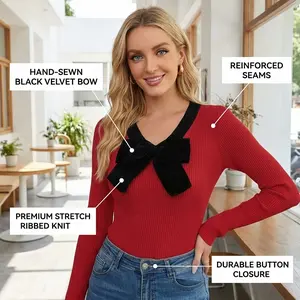 Long Sleeve women's solid color retro trend all-match slim fit color block V neck velvet bow decor ribbed knit bodycon top, suitable for Christmas party, Valentine's Day date, holiday brunch, daily commuting, office wear, New Year gathering, spring fall