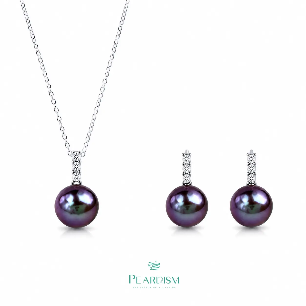 【Live】PEARLISM Dainty Minimalist Everyday Edison Pearl Set - 7-9mm Round 925 Silver Earrings & Pendant with Crystals-AFES011