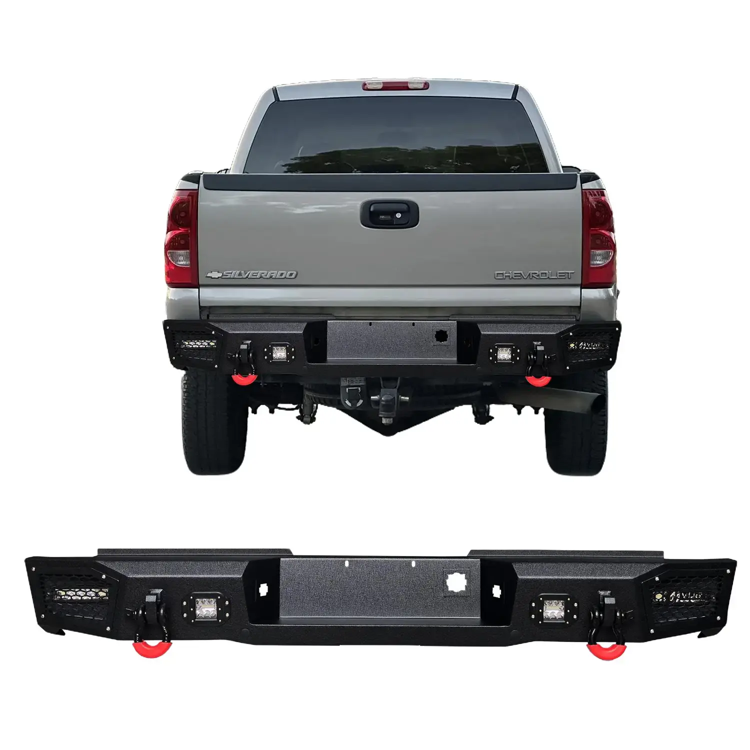 Vijay Black Textured Metal Rear Bumper for 1999-2006 Chevy/GMC Silverado & Sierra 1500 Truck - LED Support, 2 x D-Rings Mounts, Simple Screw Installation, Automotive Off-Road Performance Accessory