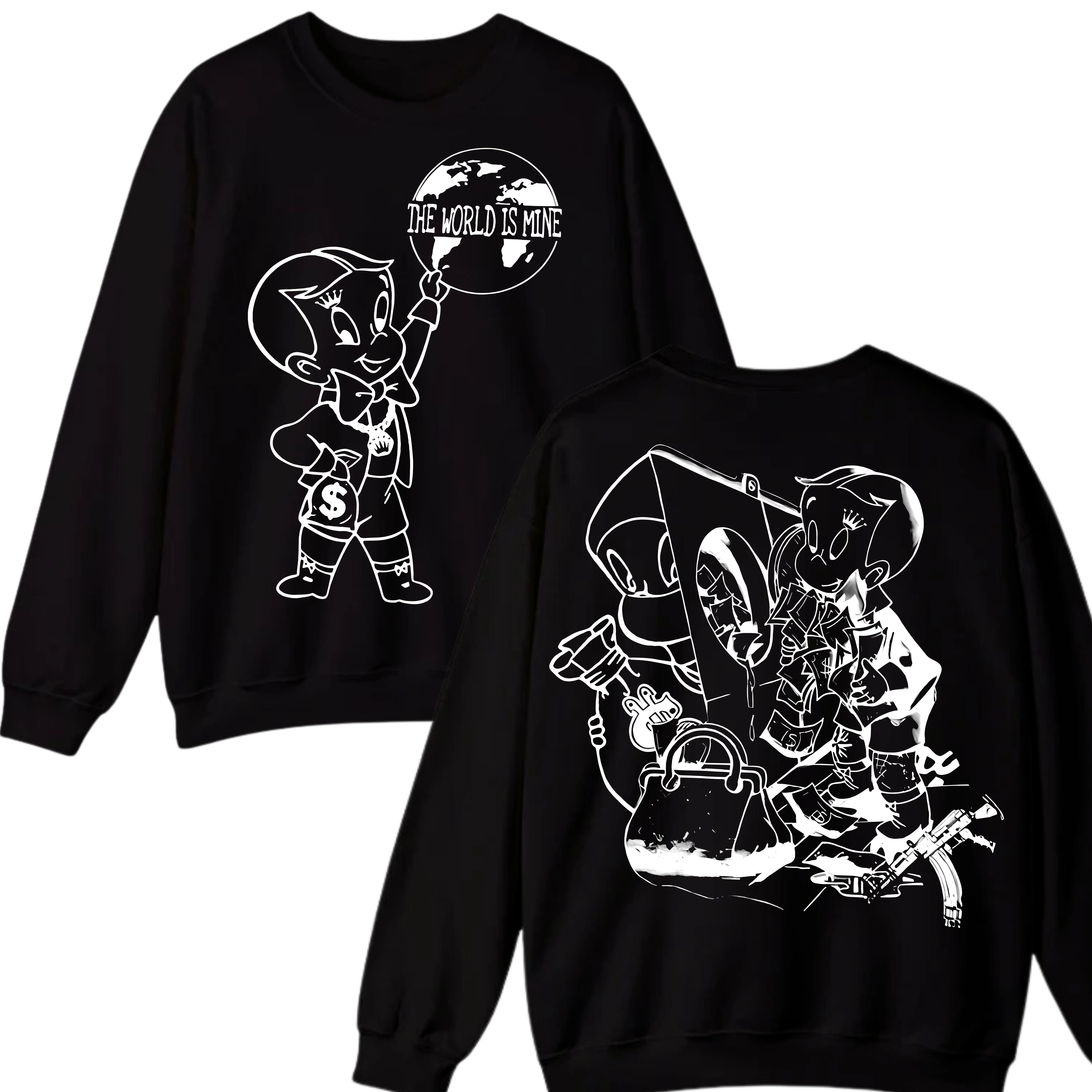 Greedyboyz Graphic Sweatshirt, Bold Cartoon Kid Design, Streetwear-Inspired Sweater, Mens Womenswear Top, Fun and Edgy Artwork Sweatshirts