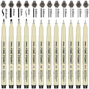 Precision Black -Pen Fineliner Ink Pens,12 Pack  Archival Ink, Pens for Drawing,Artist Illustration, Multiliner, Anime,DIY Gifts Projects - Assorted Point Sizes