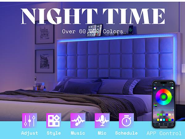 AMERLIFE Button Tufted Platform Bed Frame with LED Lights, Upholstered Bed Frame with Charging Station, Wood Slat Support, marco de cama/Best Gift Ideas/Christmas Gifts