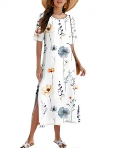 ZEAGOO  Women Floral Summer Dress Casual Beach Dress Printed T Shirt Dress Split Long Dress Travel 2025 Vacation Dress