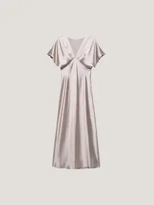 Women's Spring Summer Fashion New French Romantic Vacation Style V-Neck Waist Cinched Silk Satin Midi Dress Gowns Womenswear