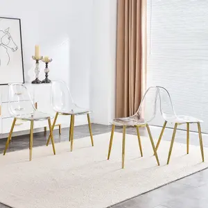 Bellemave   Modern simple transparent dining chair plastic chair armless crystal chair Nordic creative makeup stool negotiation chair Set of 4 and plating metal leg of golden