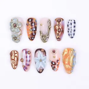 Long Almond Artistic 3D Gold Tortoiseshell Press-On Nails — Mixed Sculpted Floral Design Set KM5H
