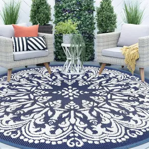 Round Outdoor Patio Rug 8Ft  Indoor Outdoor Area Rug Blue Classic Style