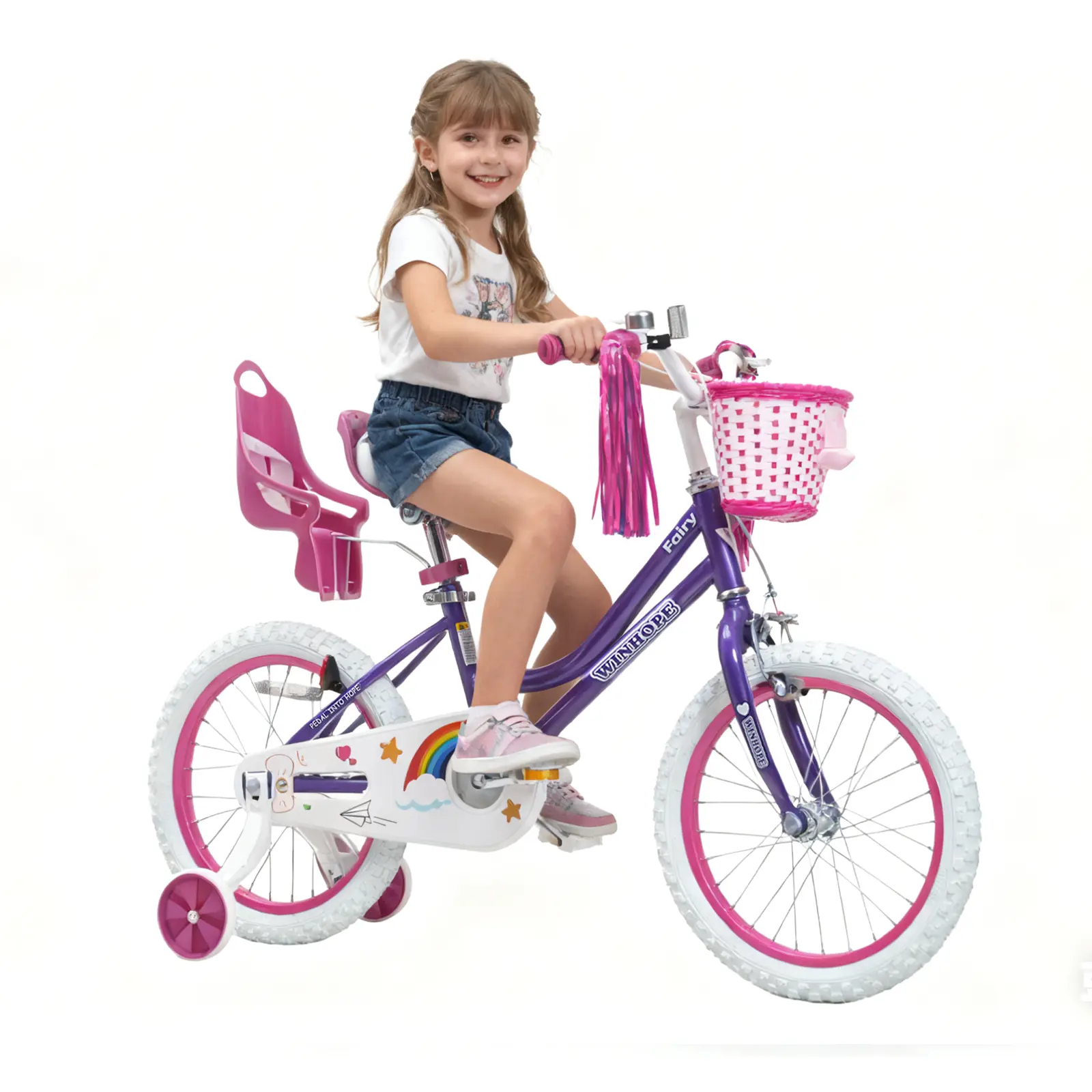 WINHOPE Little Fairy Children's Bicycle for Ages 2-9, 12-18 inch, with Training Wheels, Front Basket, Doll Seat, Handlebar Ribbon, 95% Preassembled, Dual Brakes, Adjustable Seat & Handlebar, Bikes, Multi-Size