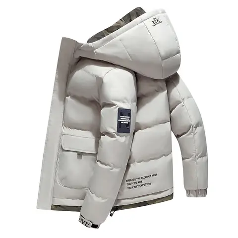 Men's Hooded Heavyweight Full-Zip Longsleeves Solid Color Jackets - Thick Warm Insulated Cotton-Padded Overcoat, Polyester Clothing, Patch Pockets, Clean Jacket Look, Easy Wear Beige Clothes for Skiing & Everyday Wear, Formal-Casual Menswear Tops