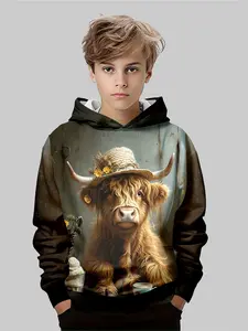Cute Scottish Highland Cow Hoodie for Kids, Vintage Art Style, Animal Anthropomorphic Design, Long Sleeve Fitted Casual Top